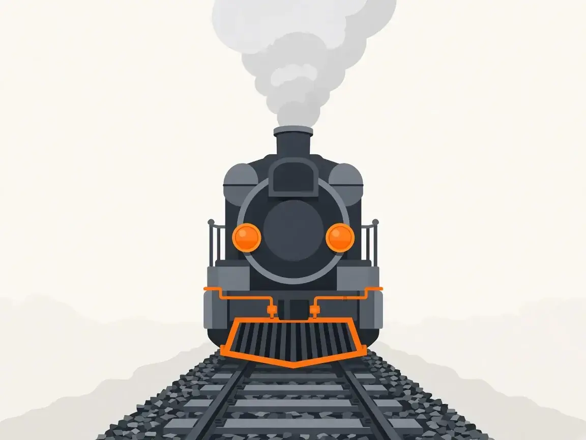 Front view of a locomotive with steam